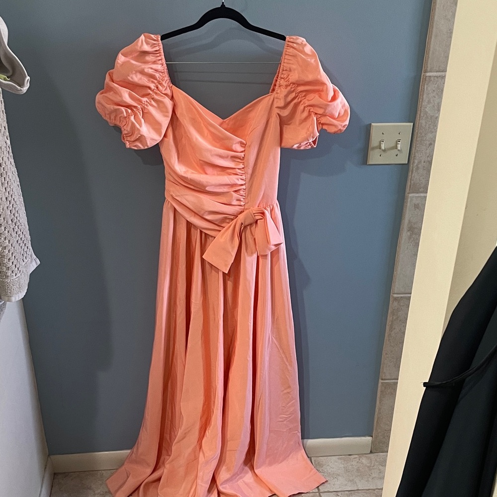 Womens Vintage 80s Bridesmaid Peach Orange Puff Sleeve Maxi Wrap Dress Waist Tie